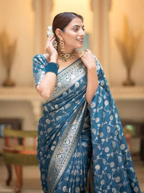 Picture of Fine Silk & Jacquard Steel Blue Saree
