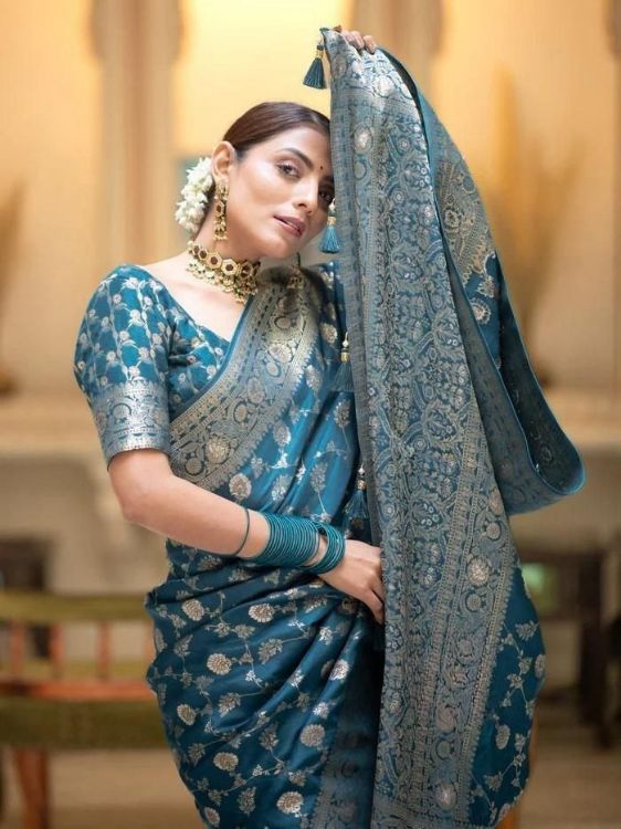 Picture of Fine Silk & Jacquard Steel Blue Saree