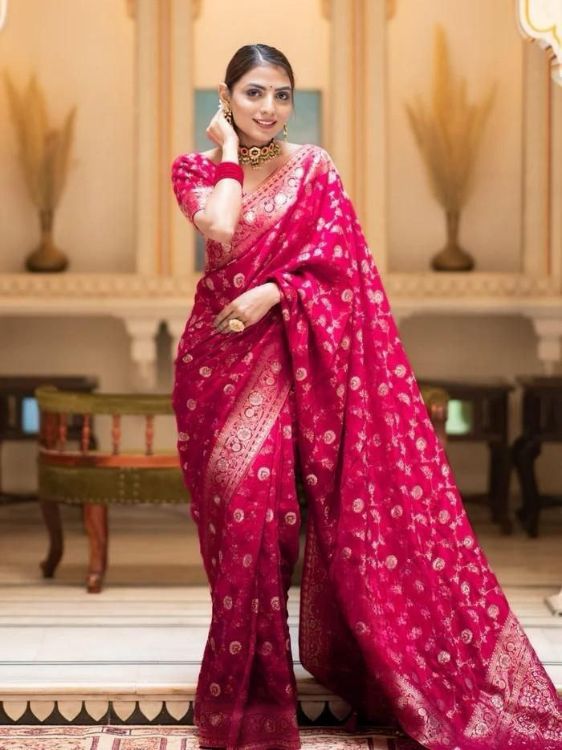 Picture of Beautiful Silk & Jacquard Deep Pink Saree