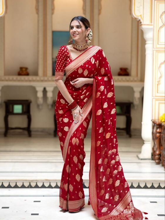 Picture of Exquisite Silk & Jacquard Red Saree