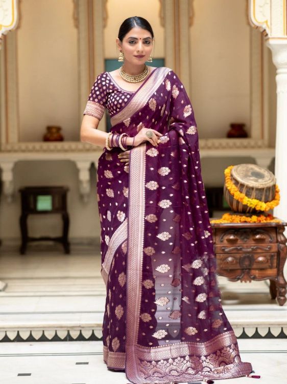 Picture of Shapely Silk & Jacquard Purple Saree