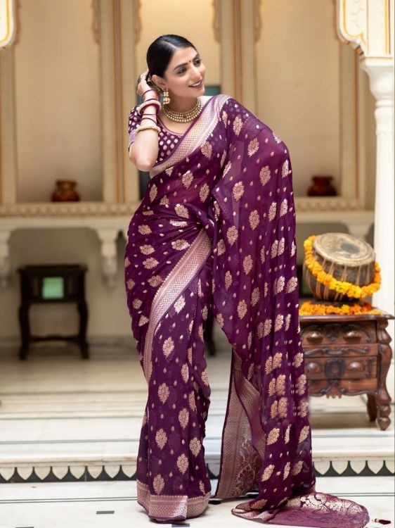Picture of Shapely Silk & Jacquard Purple Saree