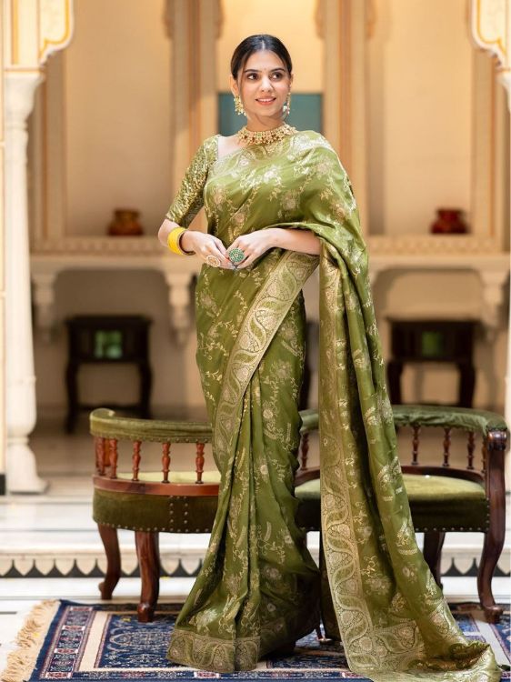 Picture of Delightful Silk & Jacquard Olive Saree