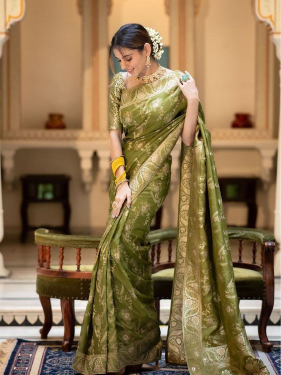 Picture of Delightful Silk & Jacquard Olive Saree