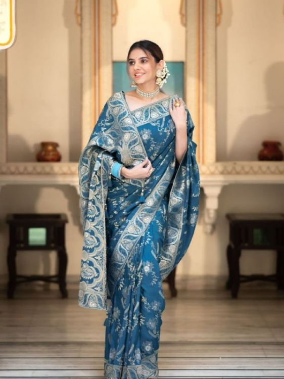 Picture of Taking Silk & Jacquard Steel Blue Saree