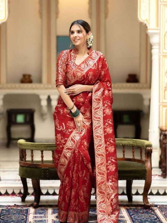 Picture of Fine Silk & Jacquard Red Saree