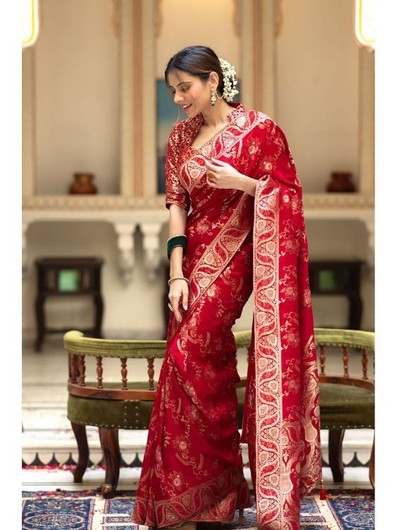 Picture of Fine Silk & Jacquard Red Saree
