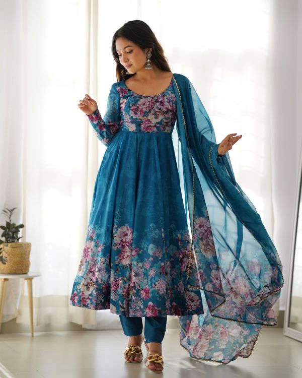 Picture of Amazing Organza Steel Blue Salwar Suits