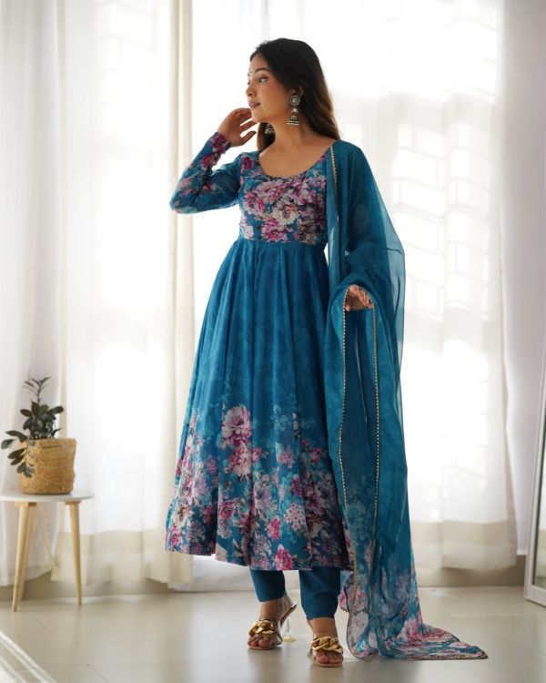 Picture of Amazing Organza Steel Blue Salwar Suits