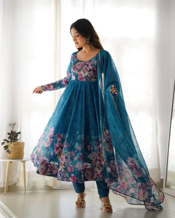 Picture of Amazing Organza Steel Blue Salwar Suits