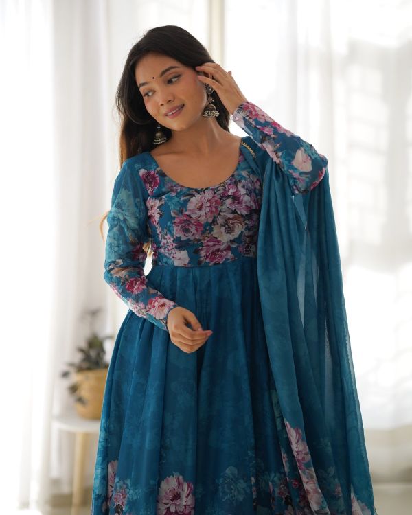 Picture of Amazing Organza Steel Blue Salwar Suits