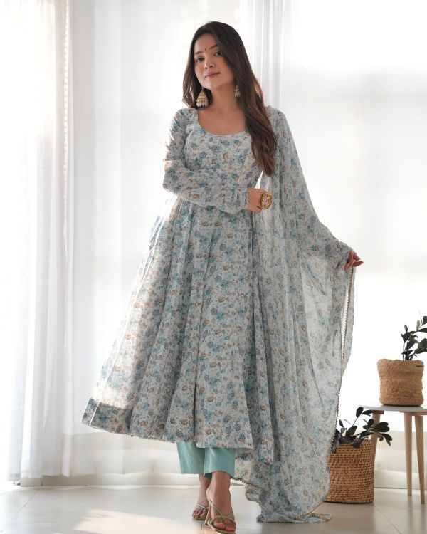 Picture of Well Formed Organza Sky Blue Salwar Suits