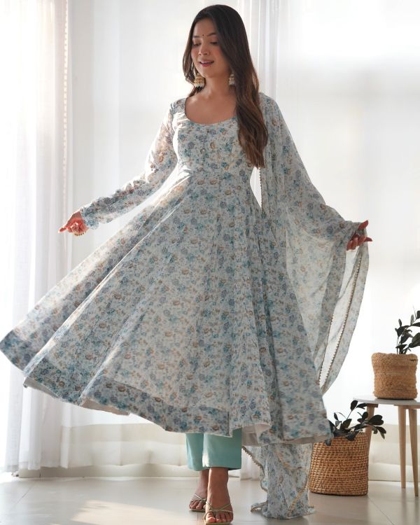 Picture of Well Formed Organza Sky Blue Salwar Suits