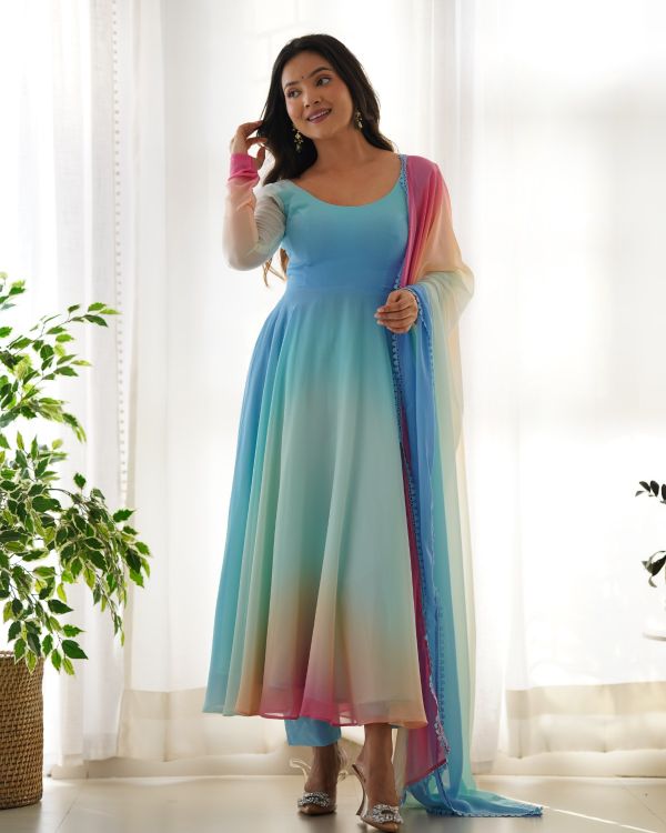 Picture of Fine Pure Soft Georgette Sky Blue Readymade Anarkali Suits