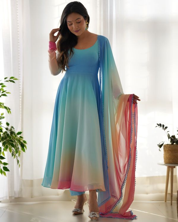 Picture of Fine Pure Soft Georgette Sky Blue Readymade Anarkali Suits