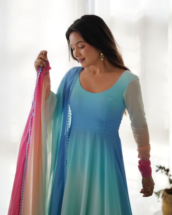 Picture of Fine Pure Soft Georgette Sky Blue Readymade Anarkali Suits