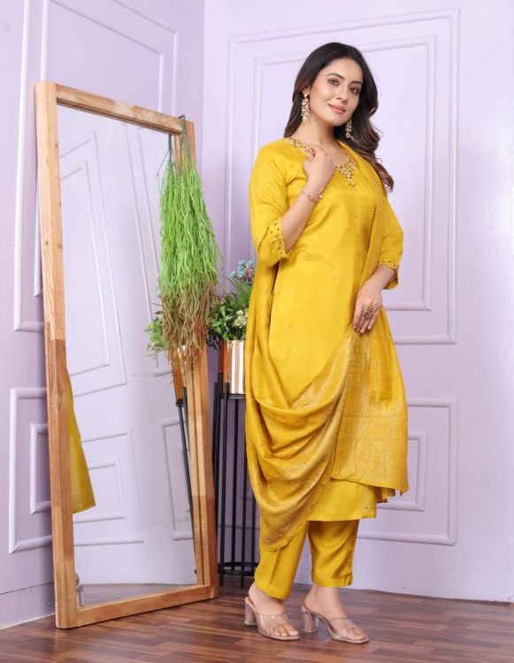 Picture of Gorgeous  Viscose Yellow Readymade  Suit