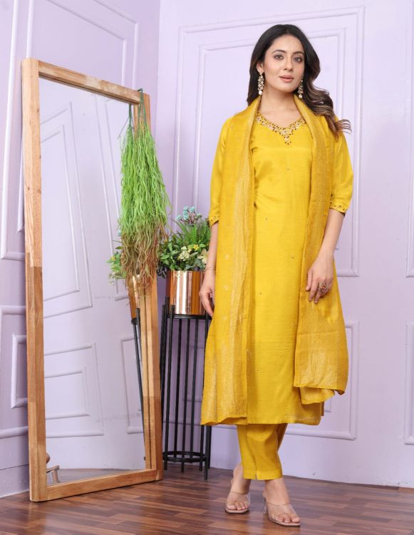 Picture of Gorgeous  Viscose Yellow Readymade  Suit