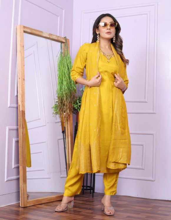 Picture of Gorgeous  Viscose Yellow Readymade  Suit