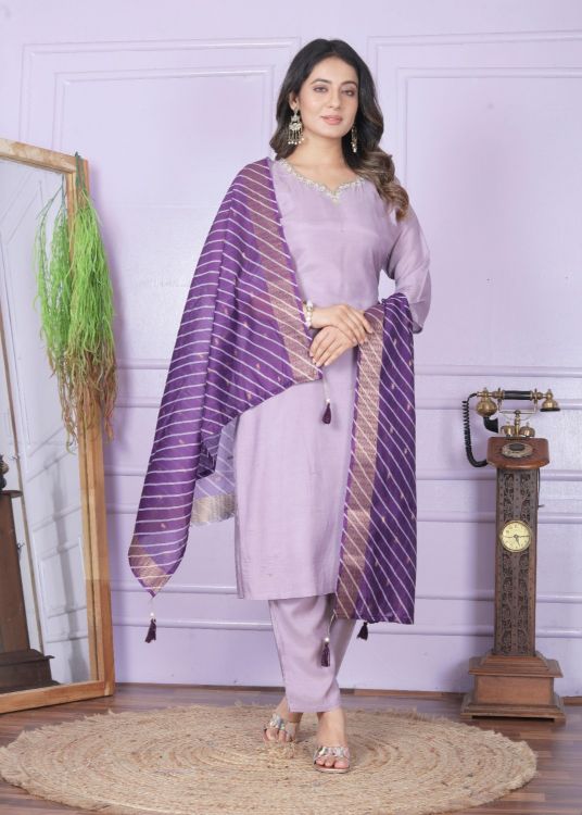 Picture of Beautiful Silk & Pure Viscose Muslin Purple Salwar Suits