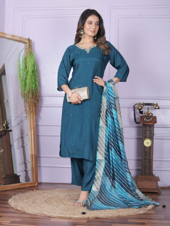 Picture of Shapely Silk & Pure Viscose Muslin Blue Readymade Suits