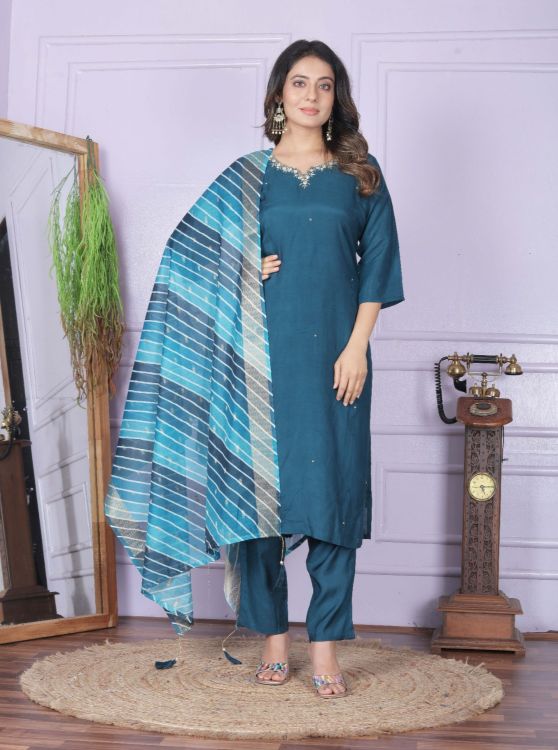 Picture of Shapely Silk & Pure Viscose Muslin Blue Readymade Suits