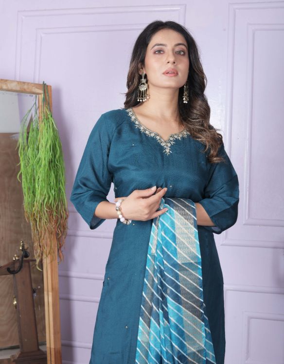 Picture of Shapely Silk & Pure Viscose Muslin Blue Readymade Suits