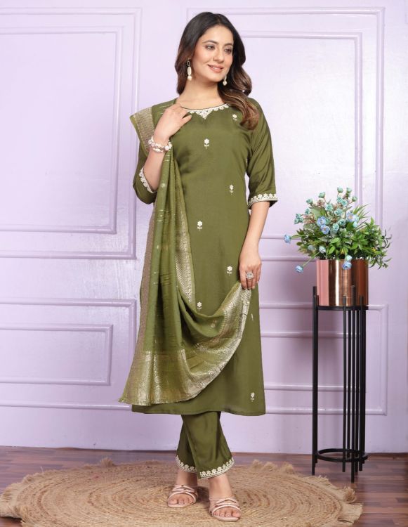 Picture of Magnificent Viscose Silk Olive Readymade Suits