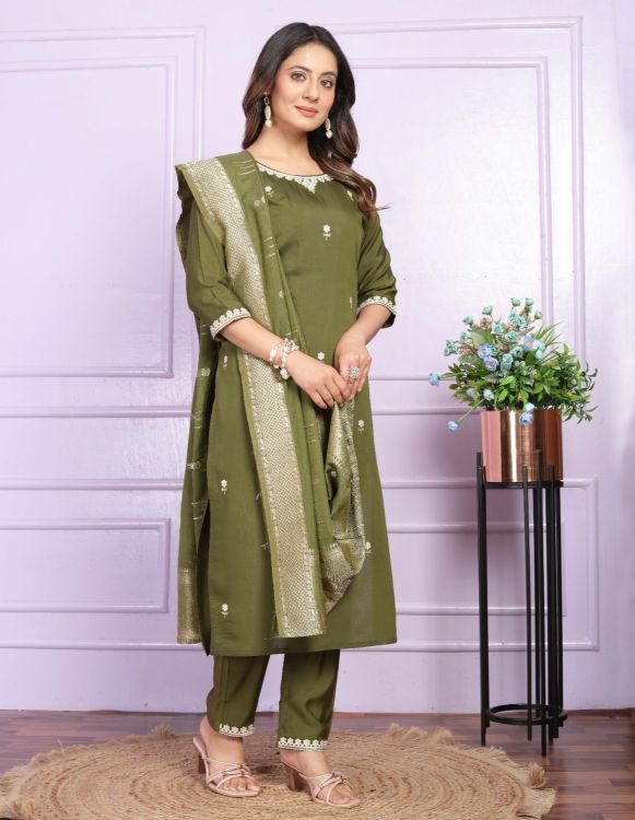 Picture of Magnificent Viscose Silk Olive Readymade Suits
