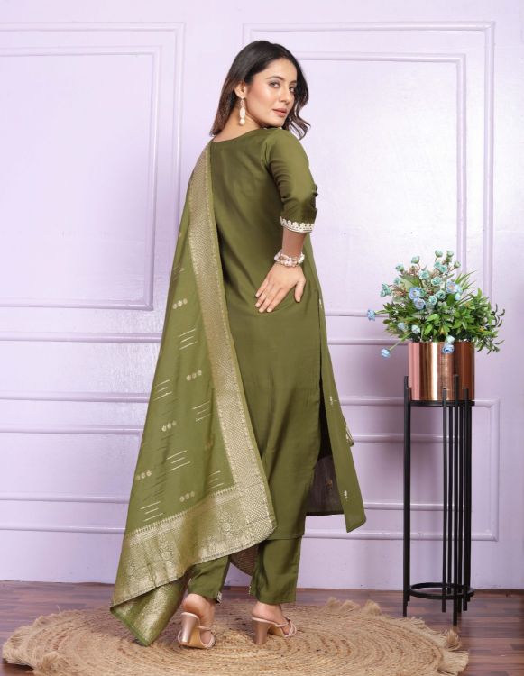 Picture of Magnificent Viscose Silk Olive Readymade Suits