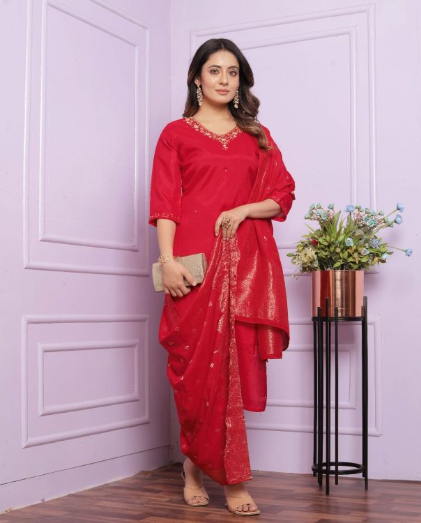 Picture of Well Formed Pure Viscose Muslin Red Salwar Suits
