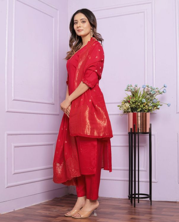 Picture of Well Formed Pure Viscose Muslin Red Salwar Suits