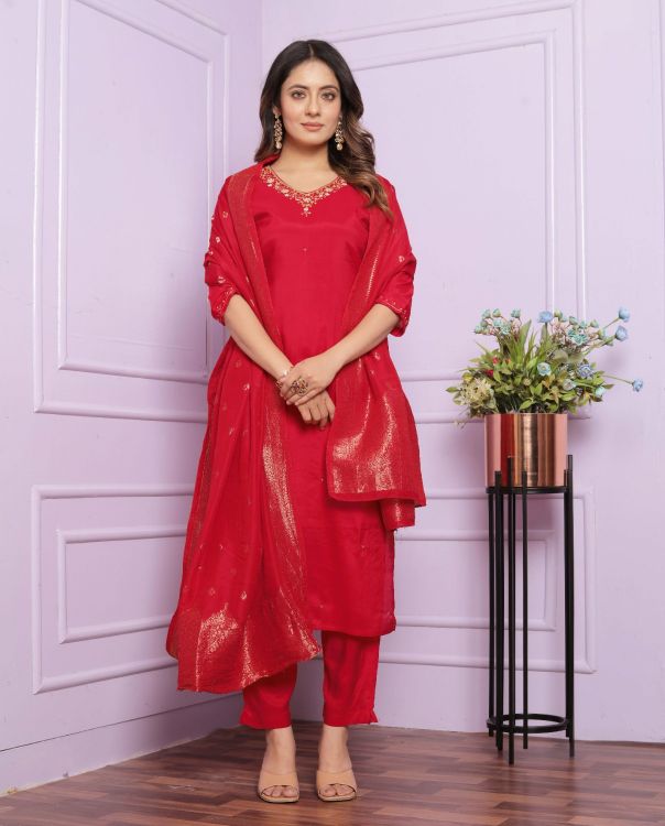 Picture of Well Formed Pure Viscose Muslin Red Salwar Suits