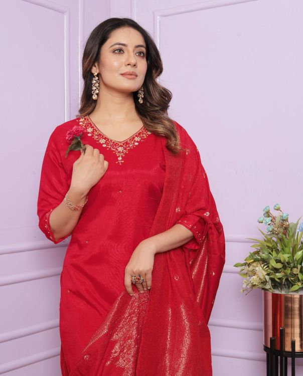 Picture of Well Formed Pure Viscose Muslin Red Salwar Suits