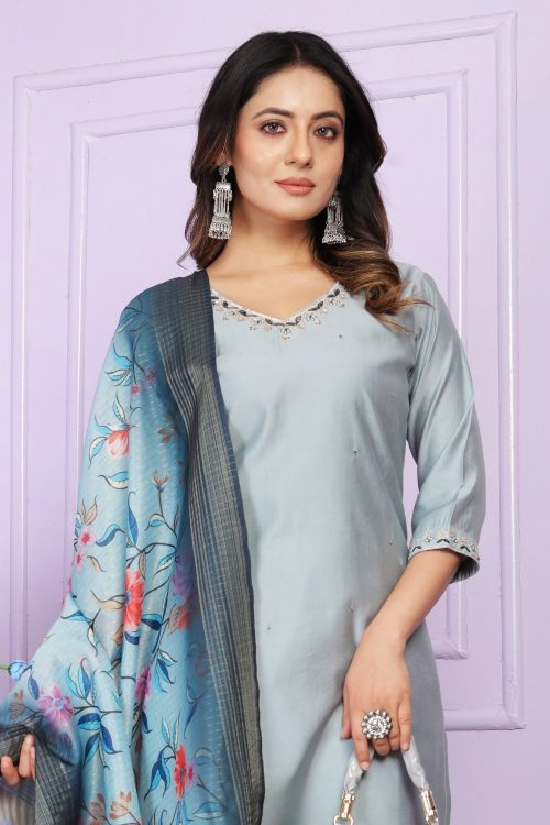 Picture of Light Sky Blue Modal Silk  Readymade Suit