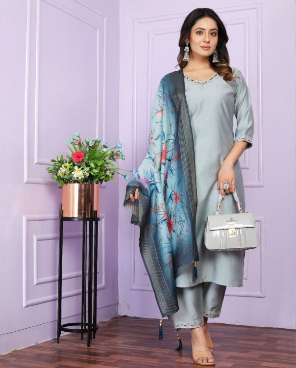 Picture of Light Sky Blue Modal Silk  Readymade Suit