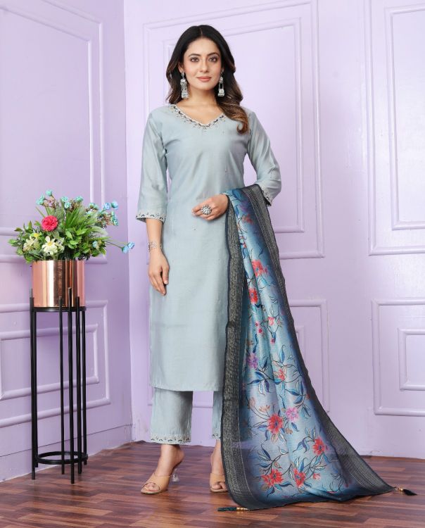 Picture of Light Sky Blue Modal Silk  Readymade Suit