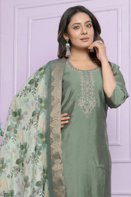 Picture of Sightly Rusian Silk Green Readymade Suits