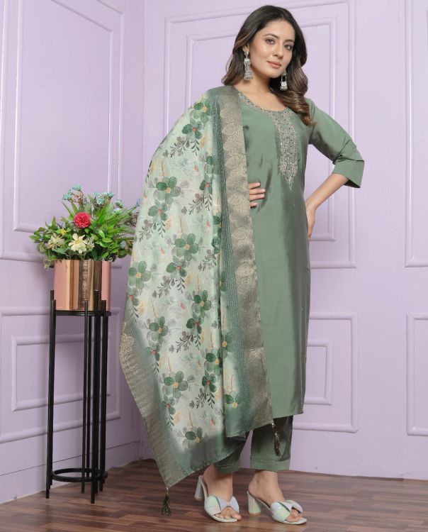 Picture of Sightly Rusian Silk Green Readymade Suits