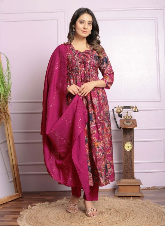 Picture of Appealing Silk Deep Pink Readymade Nyara Cut Suit