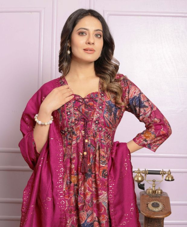 Picture of Appealing Silk Deep Pink Readymade Nyara Cut Suit