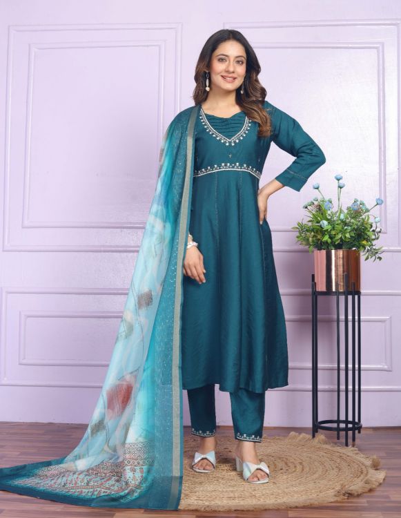 Picture of Stunning Viscose Slub Steel Blue Readymade Suits
