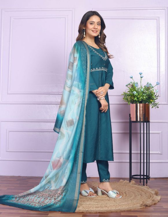 Picture of Stunning Viscose Slub Steel Blue Readymade Suits