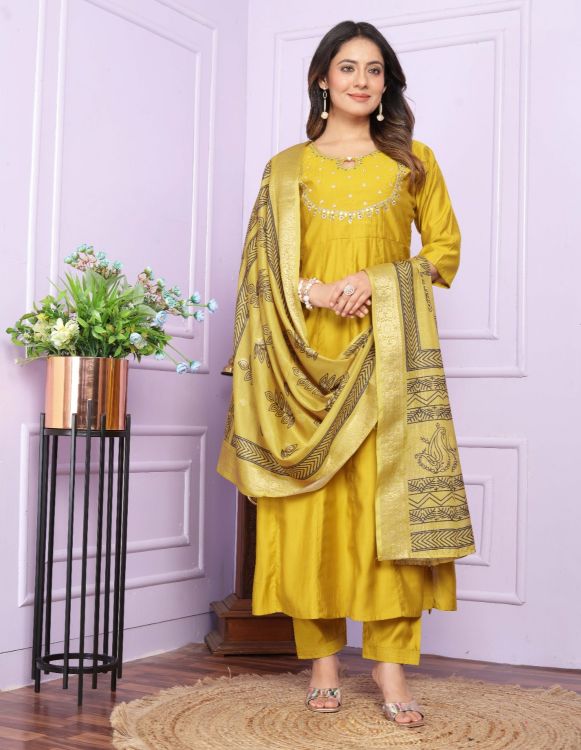 Picture of Lovely Russian Silk Yellow Readymade Suits