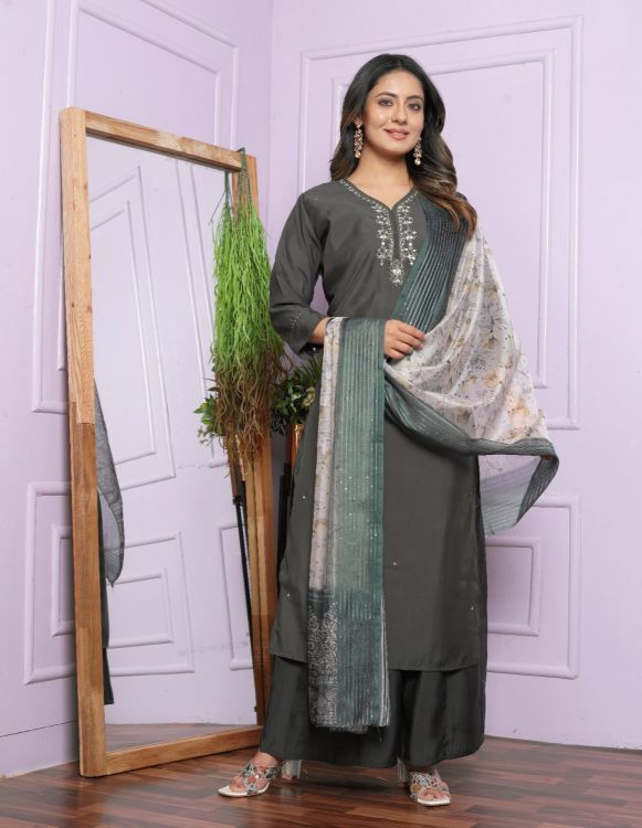 Picture of Bewitching Roman Silk Grey Readymade Suits