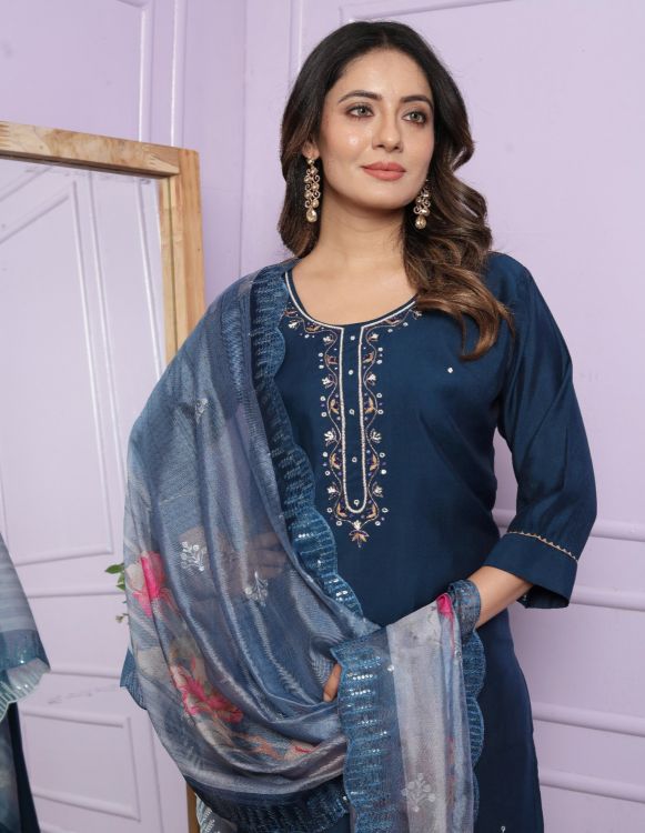 Picture of Stunning Roman Silk Blue Readymade Suits