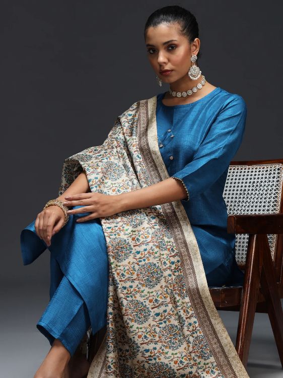 Picture of Comely Cotton Silk Blend Blue Readymade Suit