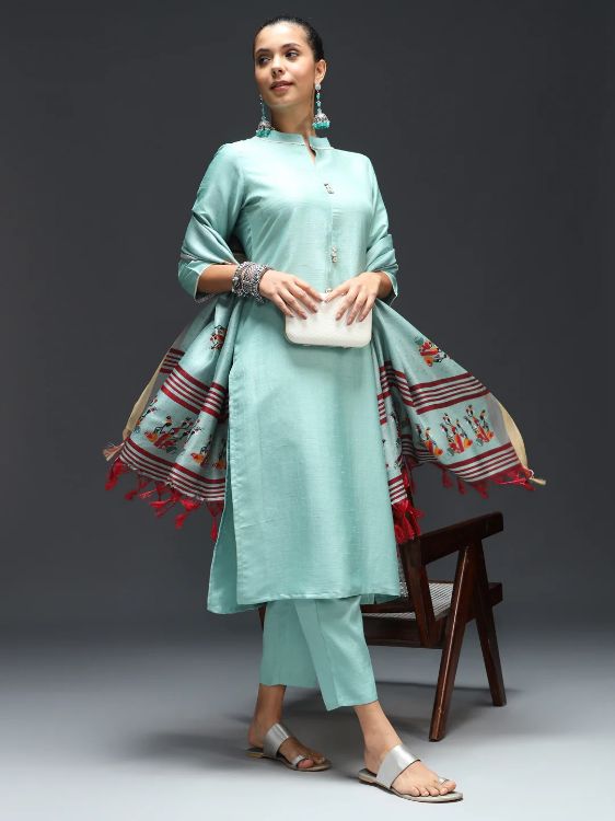 Picture of Amazing Cotton Silk Blend Light Sky Blue Readymade Suits