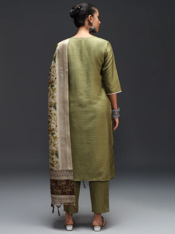 Picture of Elegant Cotton Silk Blend Olive Readymade Suits
