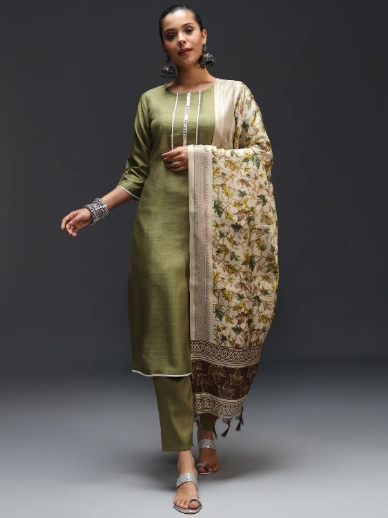 Picture of Elegant Cotton Silk Blend Olive Readymade Suits